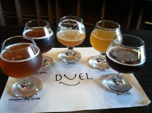 The full flight of Belgian beers at Duel. 