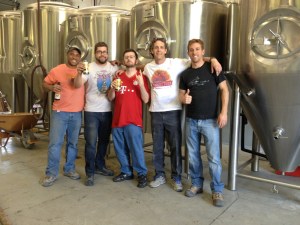 The Red Door Brewing owners got Stoutmeister (in the Bayern jersey at center) into the group photo. From left, Frank, Wayne, Jeff, and Matt.