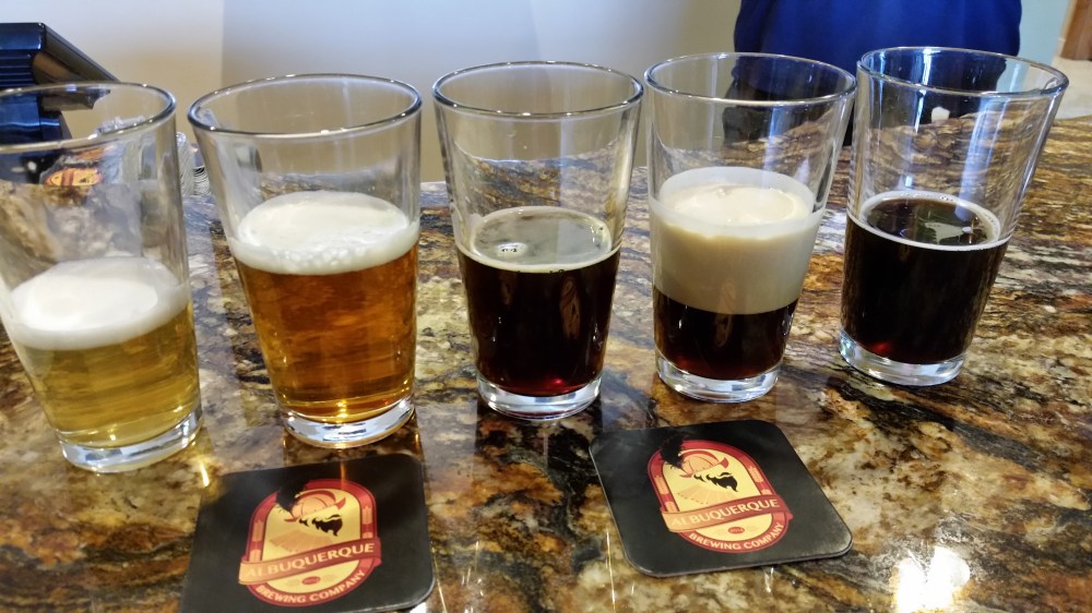 The initial lineup, from left to right, blonde ale, pale ale, red ale, red on nitro, and Irish stout.